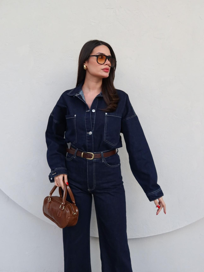 Önü Düğmeli Cepli Oversize Kot Takım