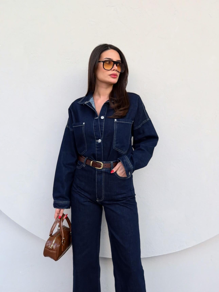 Önü Düğmeli Cepli Oversize Kot Takım