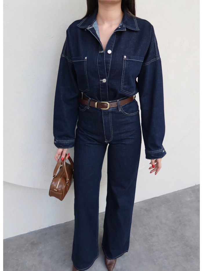 Önü Düğmeli Cepli Oversize Kot Takım