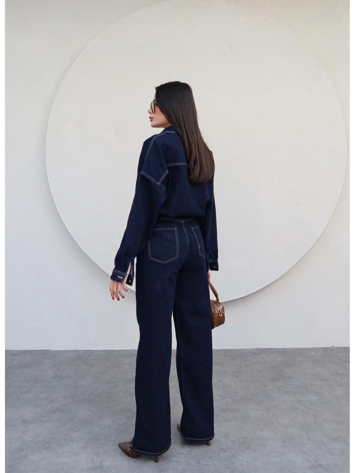Önü Düğmeli Cepli Oversize Kot Takım