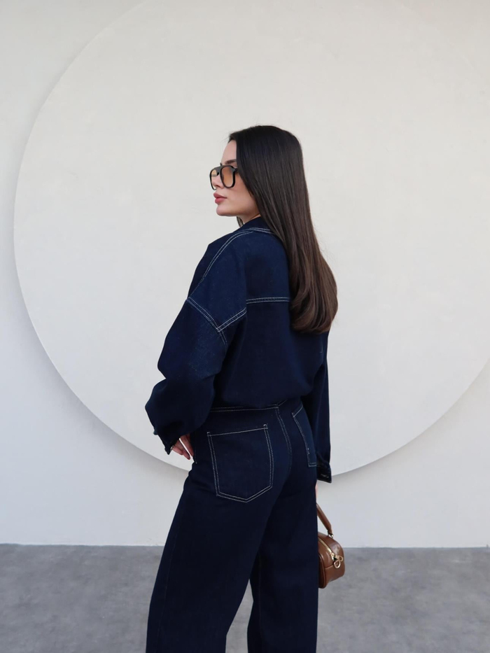 Önü Düğmeli Cepli Oversize Kot Takım