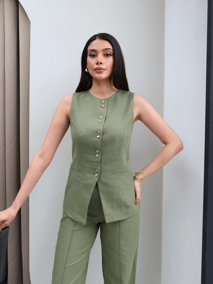 Önü Düğmeli Yelek Pantolon Takım
