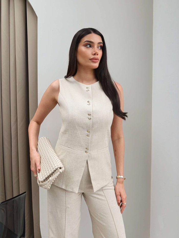 Önü Düğmeli Yelek Pantolon Takım