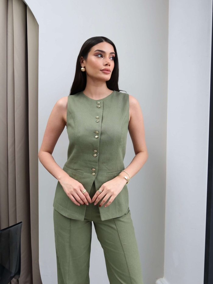 Önü Düğmeli Yelek Pantolon Takım