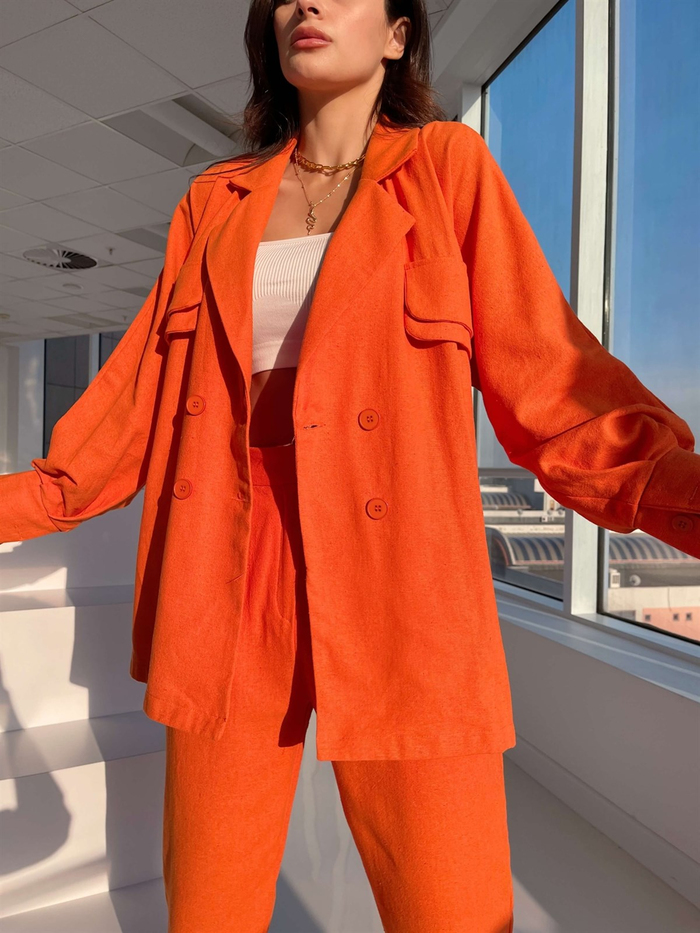 Orange Çift Cep Görünümlü Keten Takım
