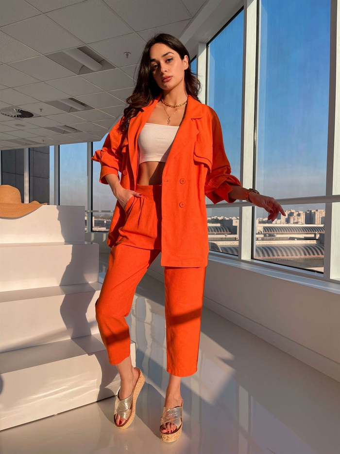Orange Çift Cep Görünümlü Keten Takım