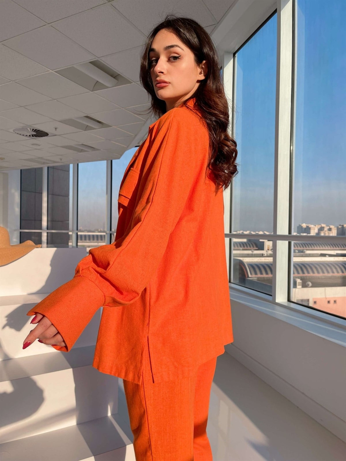 Orange Çift Cep Görünümlü Keten Takım