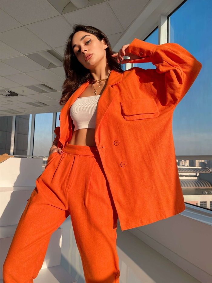 Orange Çift Cep Görünümlü Keten Takım