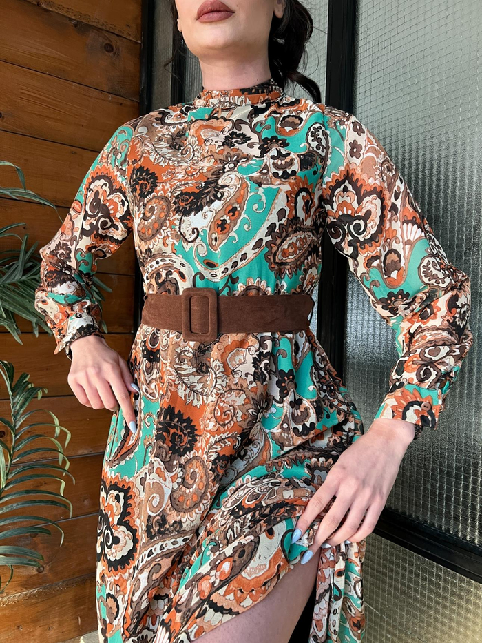 Orange Desenli Kemerli Elbise