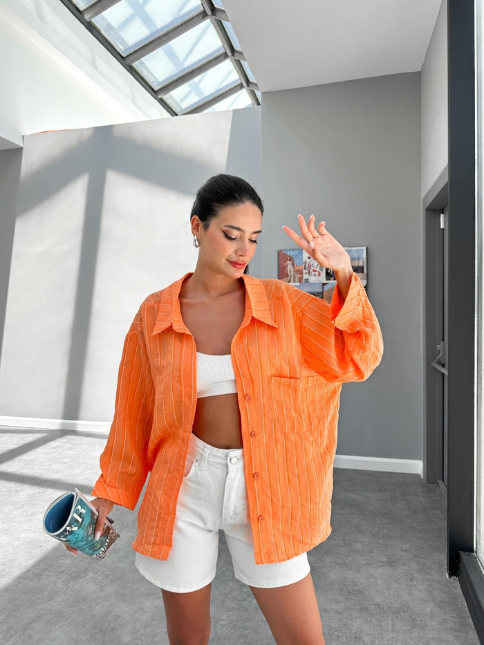 Orange Düşük Omuz Çizgili Gömlek