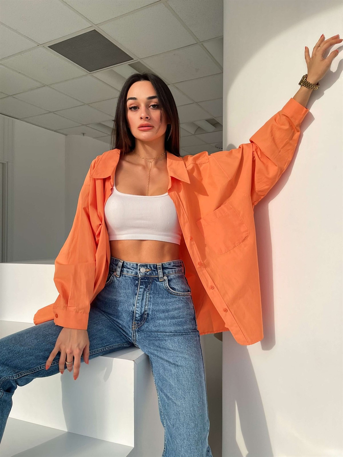 Orange Düşük Omuz Poplin Oversize Gömlek