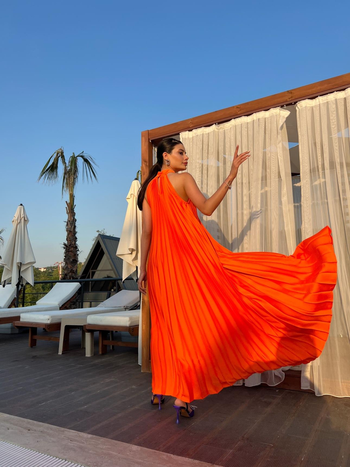 Orange Pilise Uzun Elbise