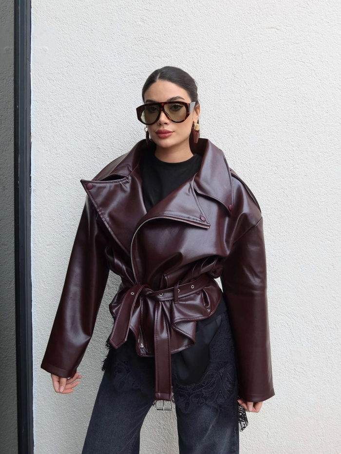 Oversize Kemerli Deri Ceket