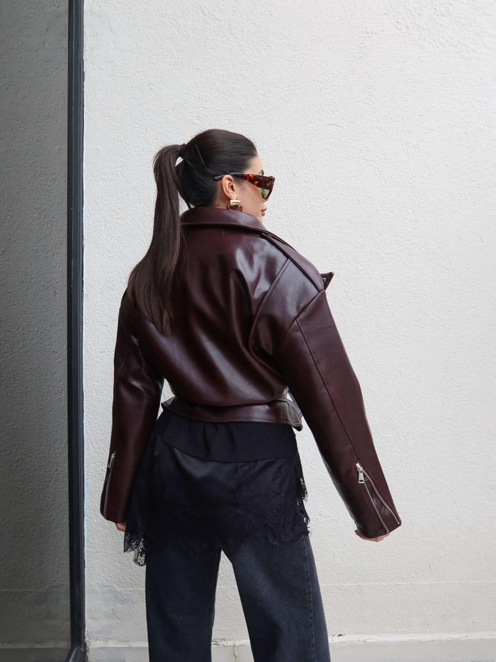 Oversize Kemerli Deri Ceket