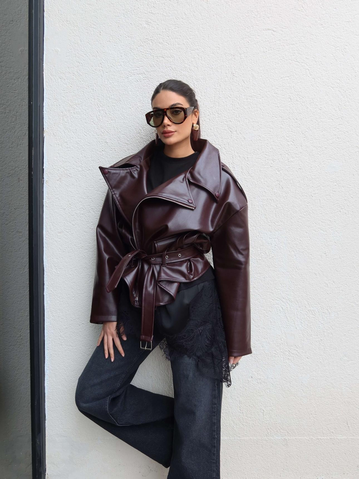 Oversize Kemerli Deri Ceket