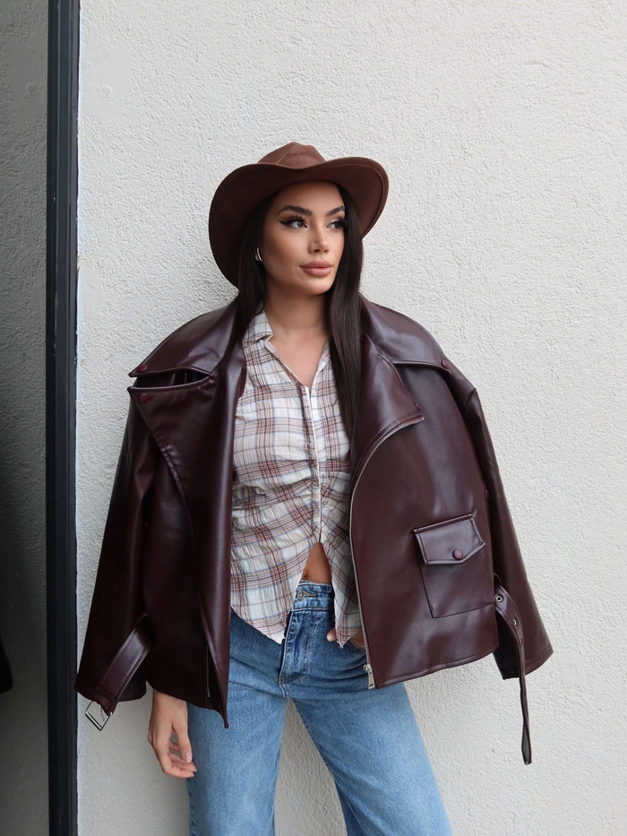 Oversize Kemerli Deri Ceket