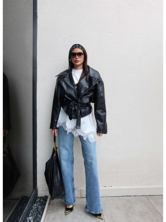 Oversize Kemerli Deri Ceket