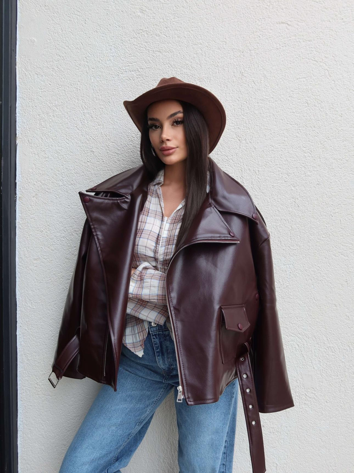 Oversize Kemerli Deri Ceket