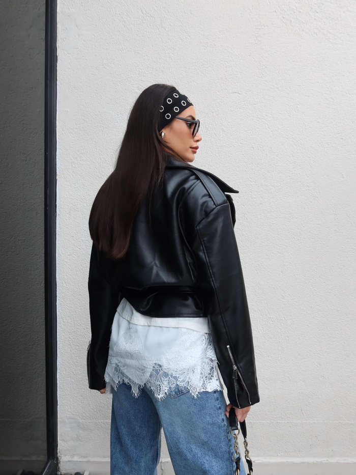Oversize Kemerli Deri Ceket