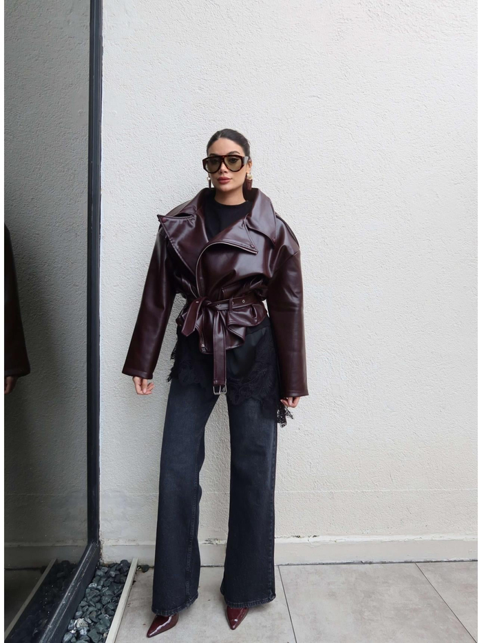 Oversize Kemerli Deri Ceket