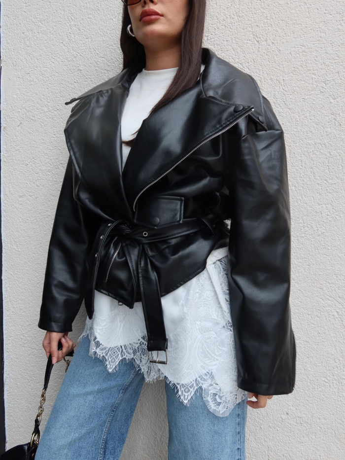 Oversize Kemerli Deri Ceket