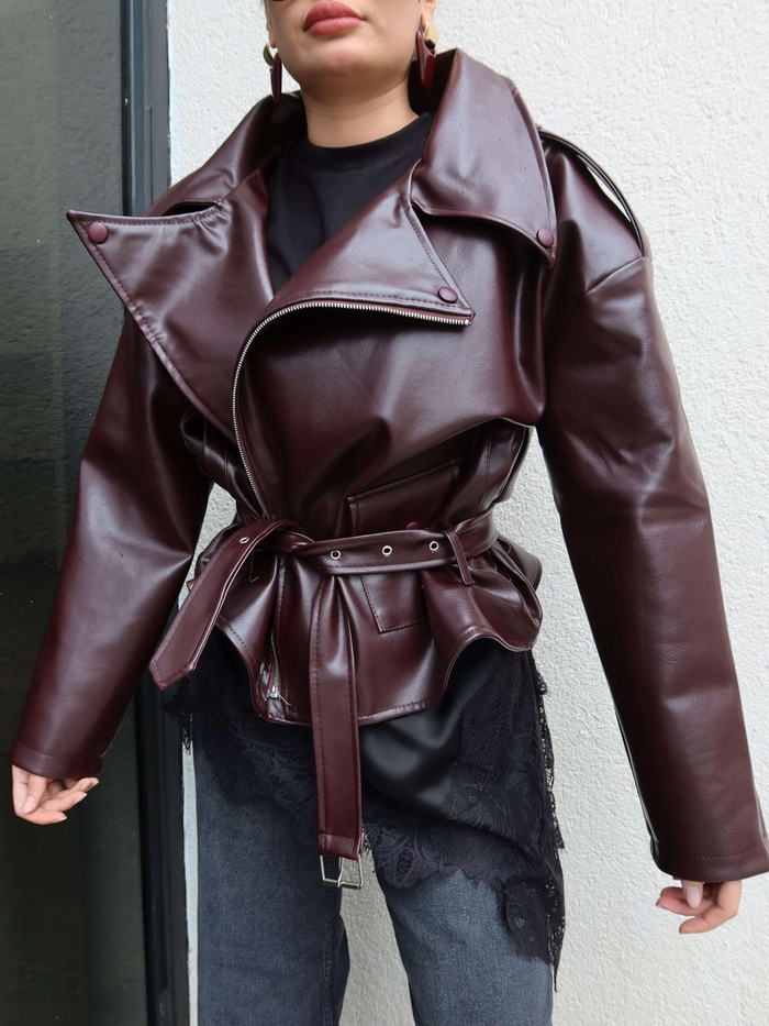 Oversize Kemerli Deri Ceket