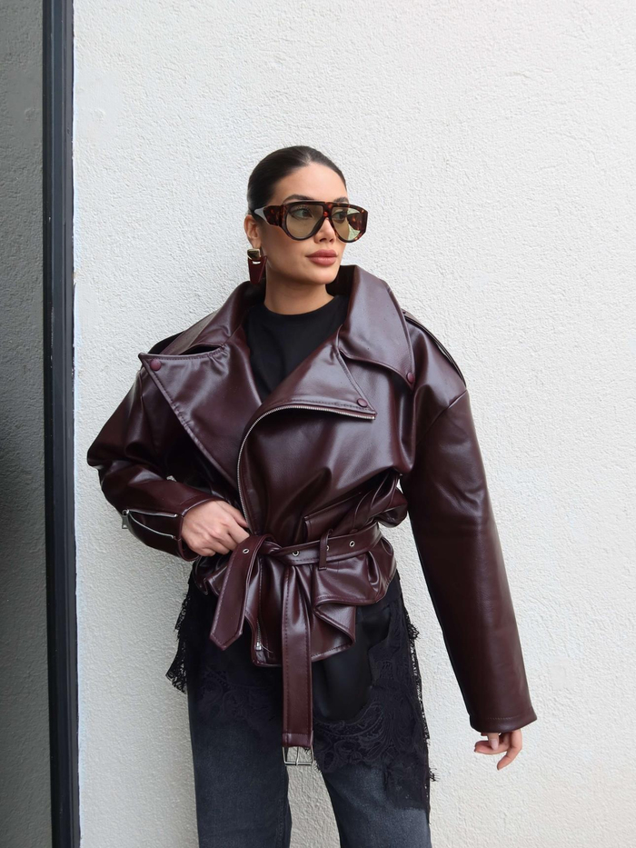 Oversize Kemerli Deri Ceket