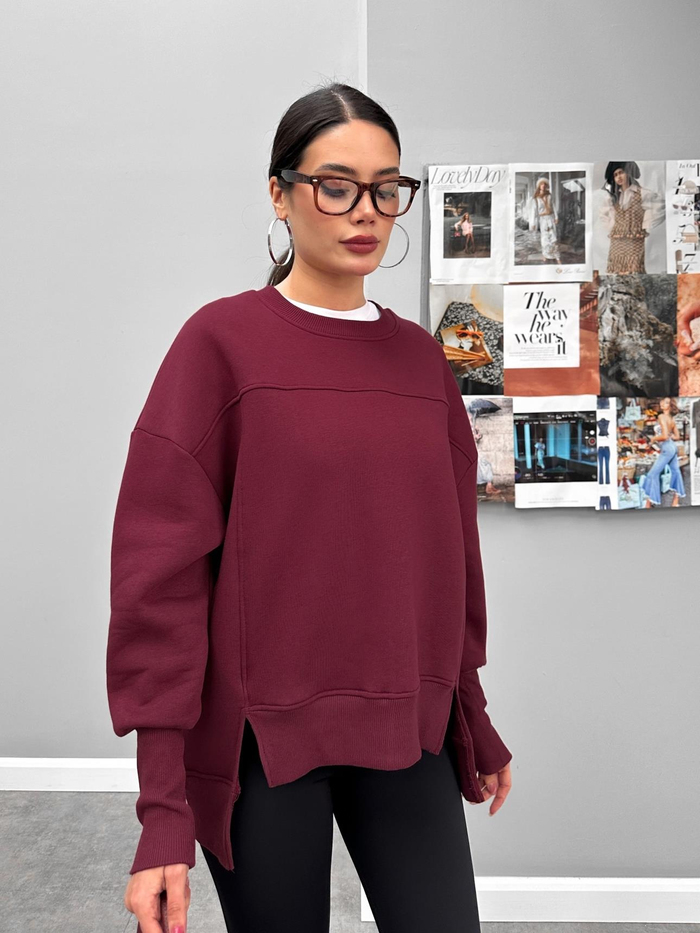 Oversize Şardonlu Yırtmaç Detaylı Sweat