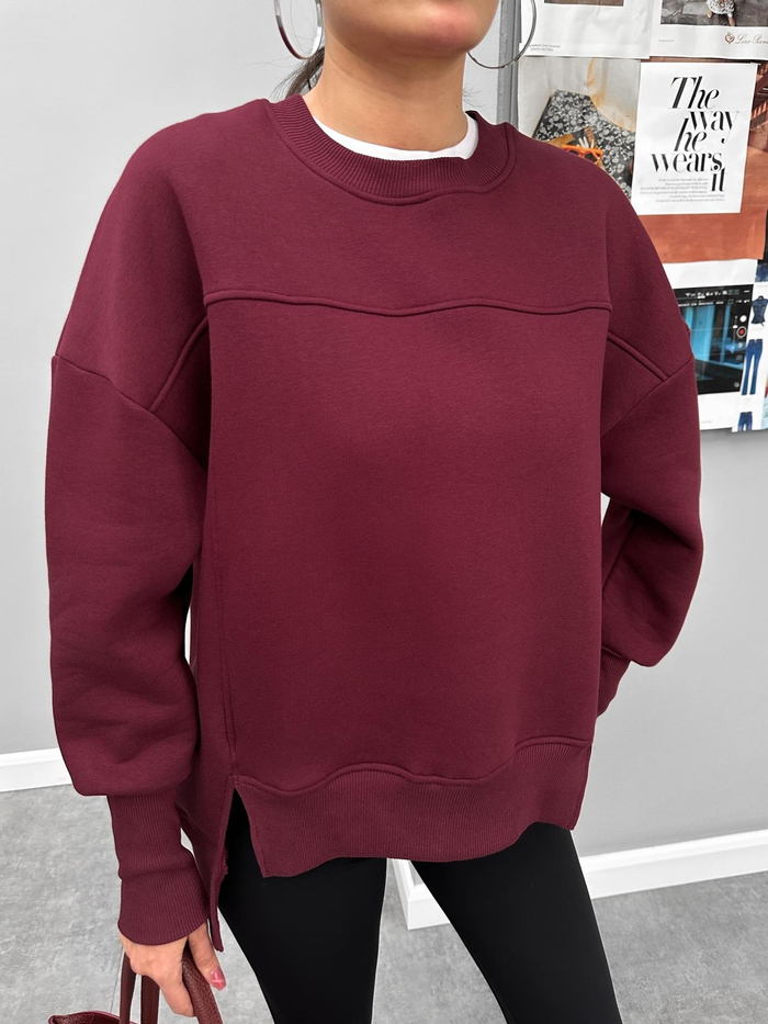Oversize Şardonlu Yırtmaç Detaylı Sweat