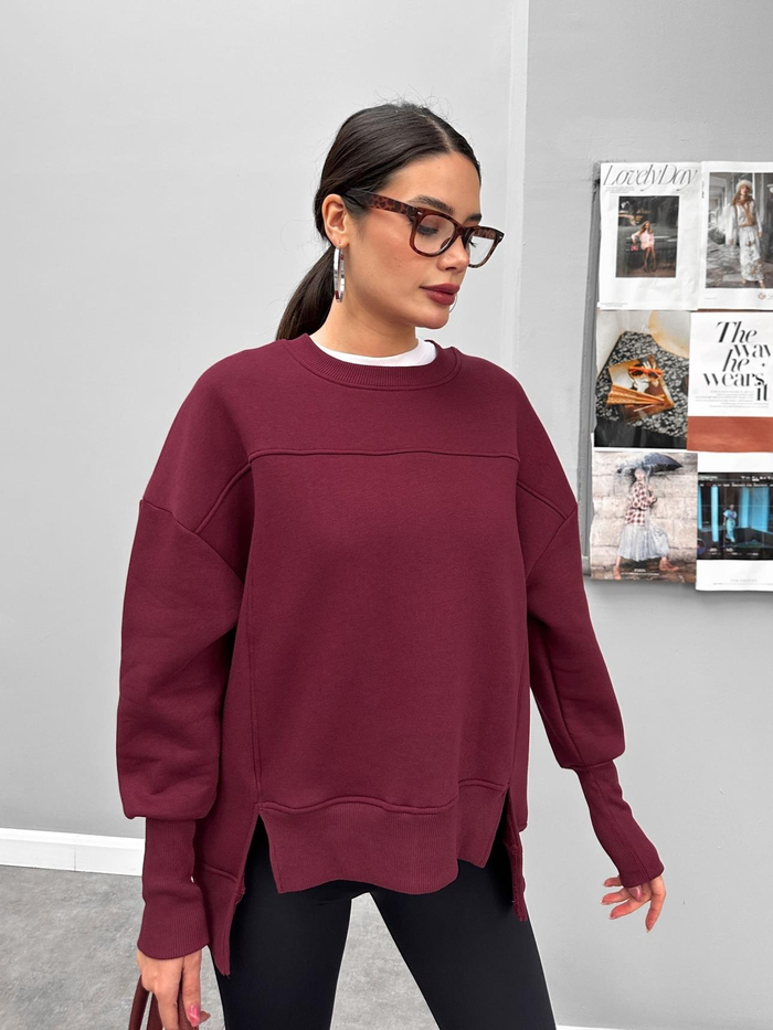 Oversize Şardonlu Yırtmaç Detaylı Sweat