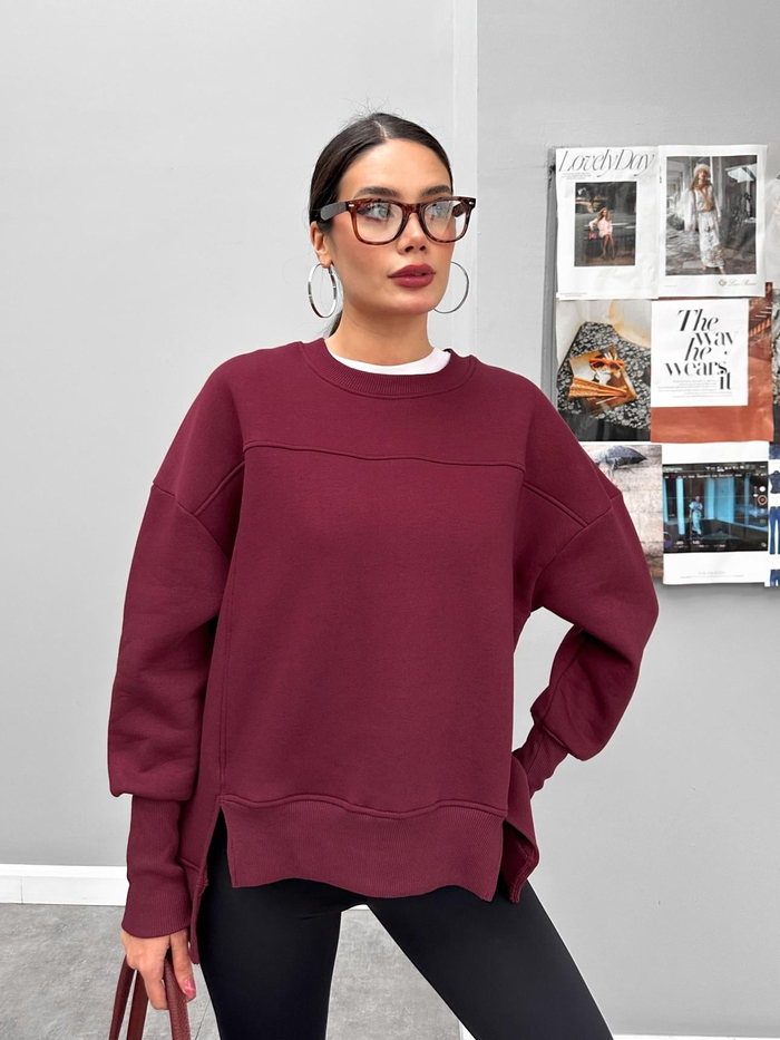 Oversize Şardonlu Yırtmaç Detaylı Sweat