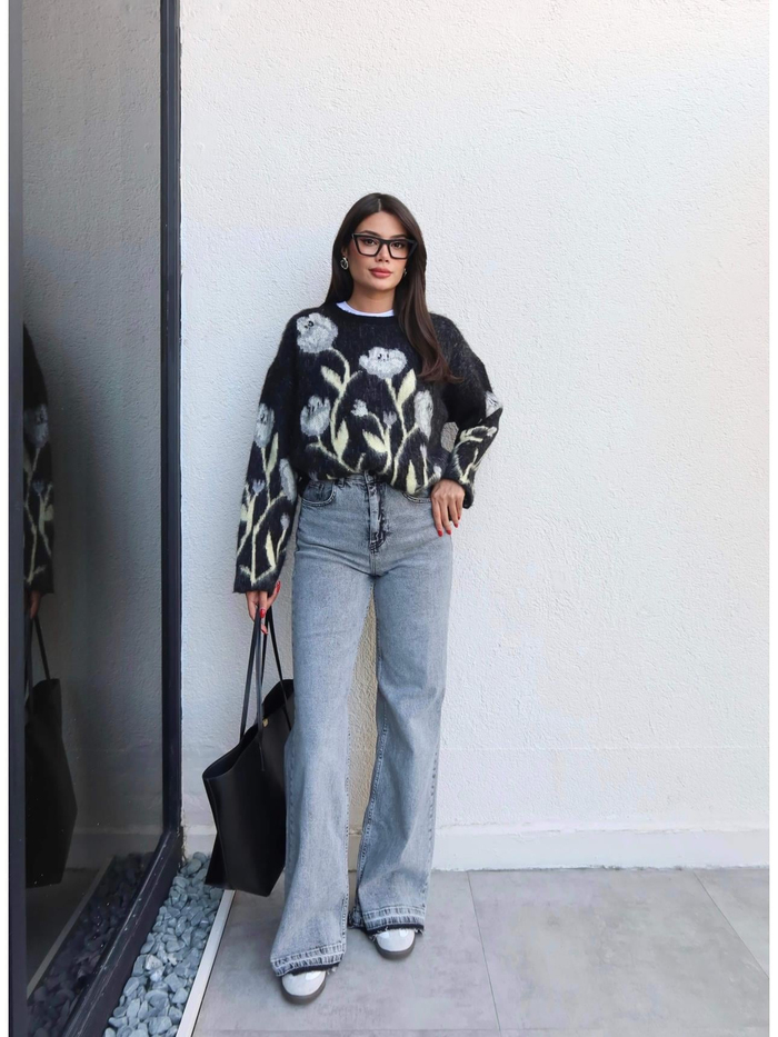 Paça Detay Likralı Wide Leg Jean