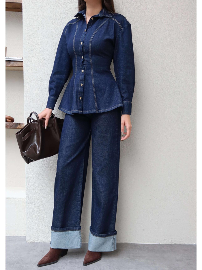 Paça Katlı Denim Takım