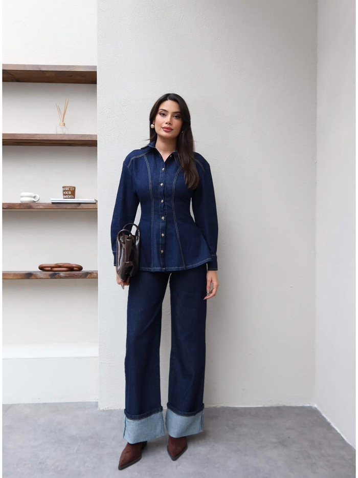 Paça Katlı Denim Takım