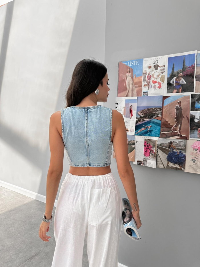 Parçalı Crop Denim Yelek