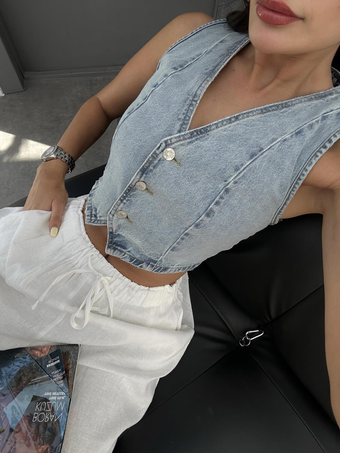 Parçalı Crop Denim Yelek