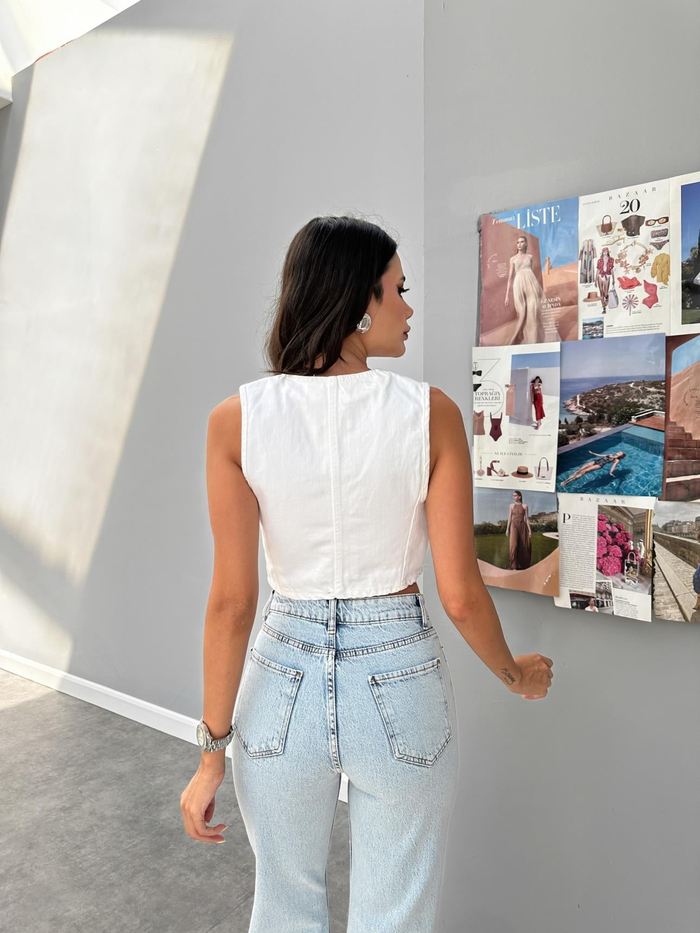 Parçalı Crop Denim Yelek