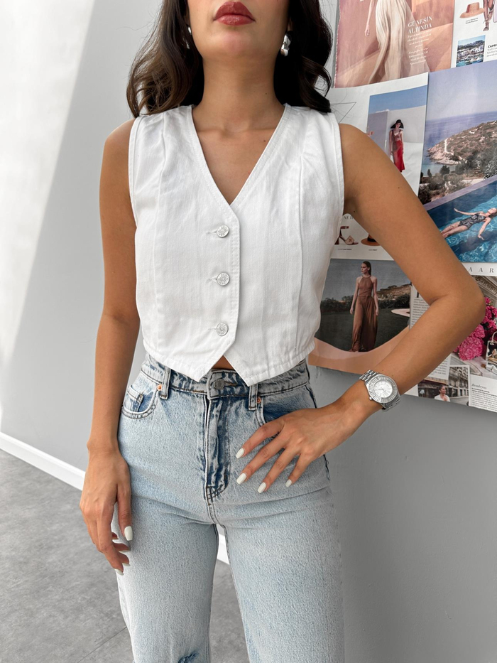 Parçalı Crop Denim Yelek