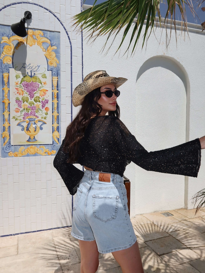 Parlak Taşlı Örme Crop