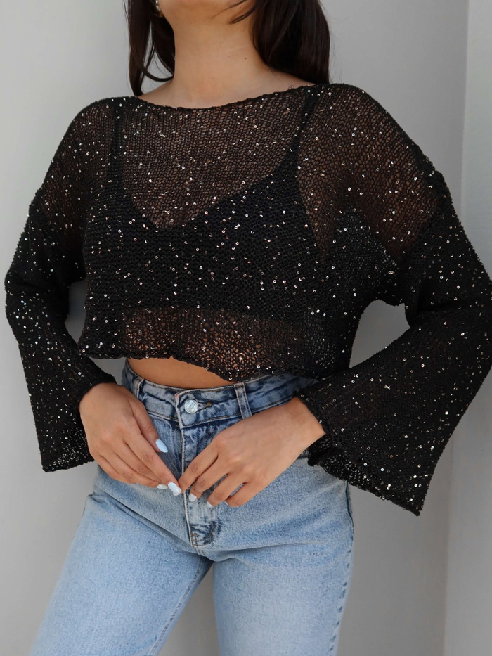 Parlak Taşlı Örme Crop