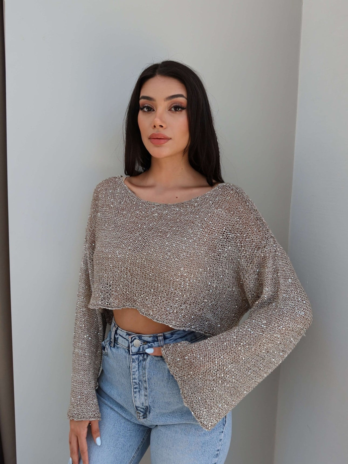 Parlak Taşlı Örme Crop