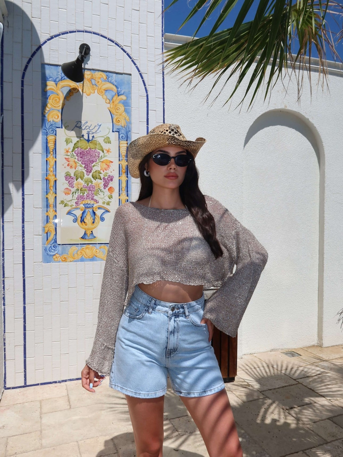 Parlak Taşlı Örme Crop