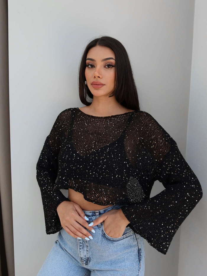 Parlak Taşlı Örme Crop