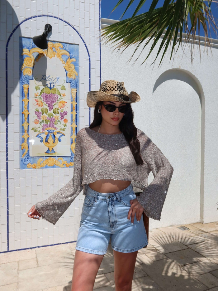 Parlak Taşlı Örme Crop
