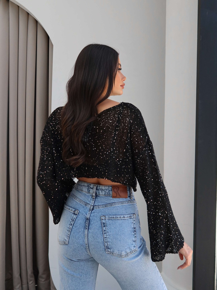 Parlak Taşlı Örme Crop