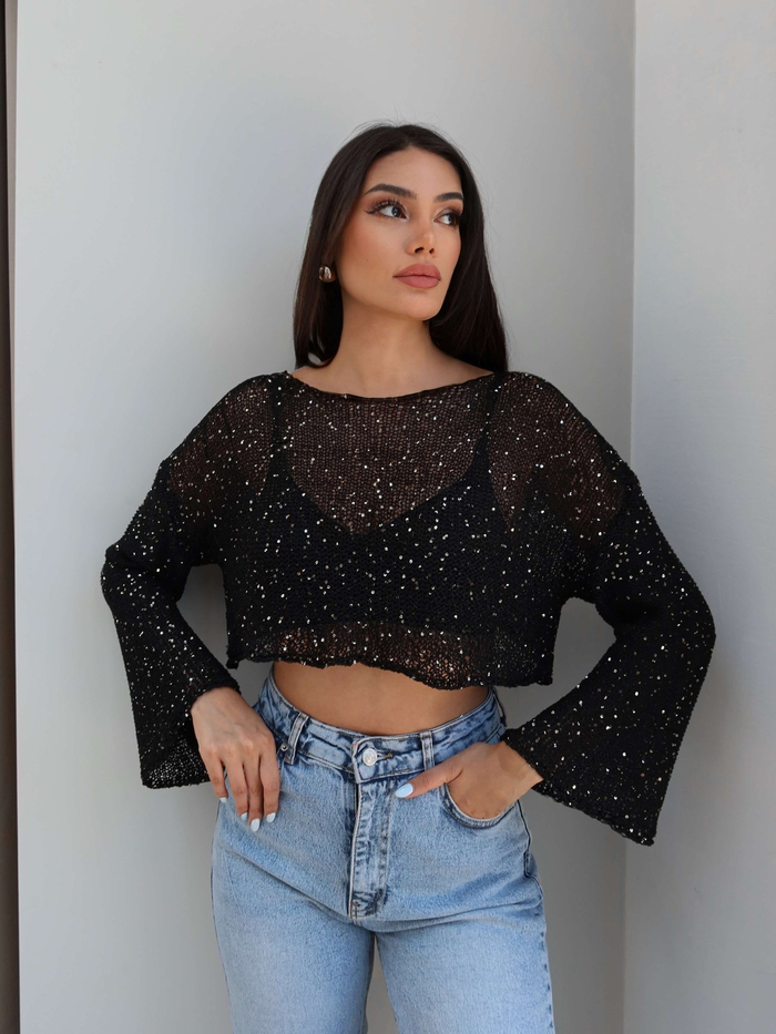 Parlak Taşlı Örme Crop