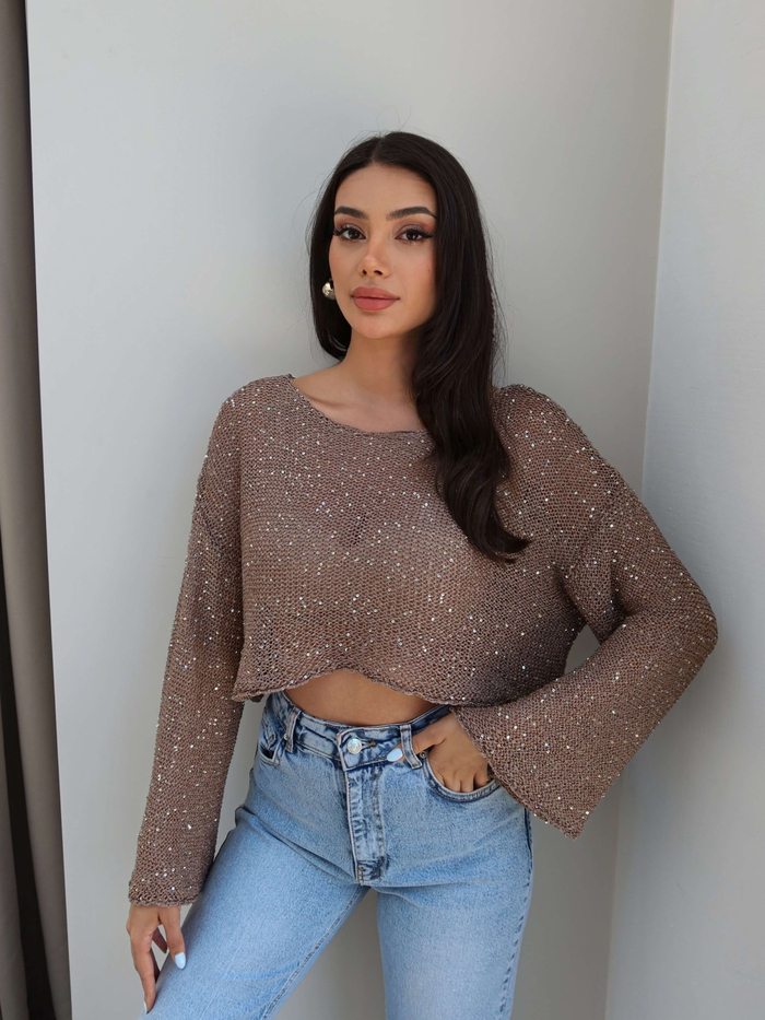 Parlak Taşlı Örme Crop