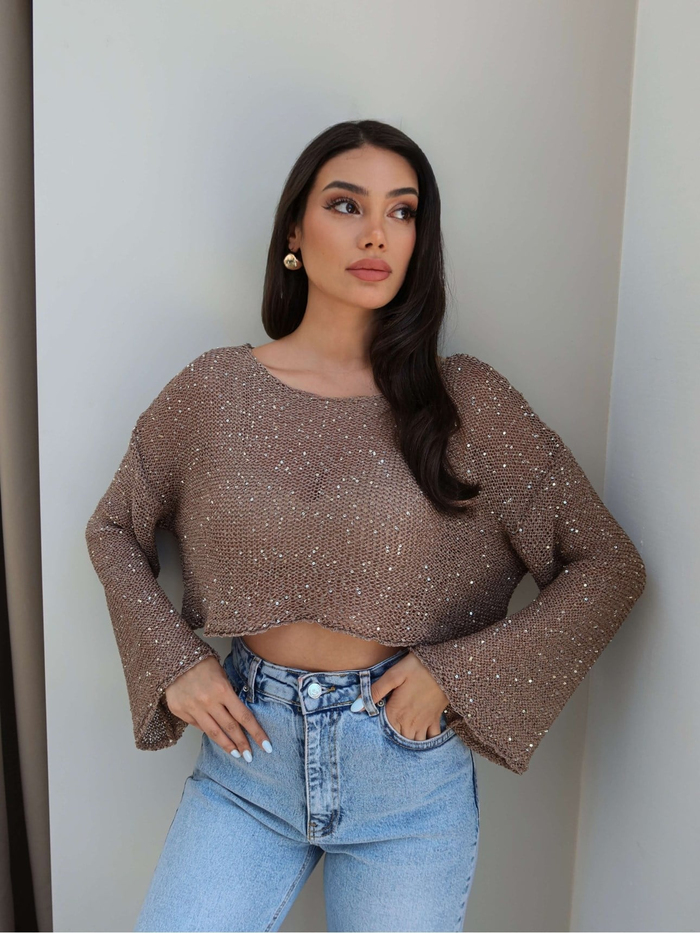 Parlak Taşlı Örme Crop