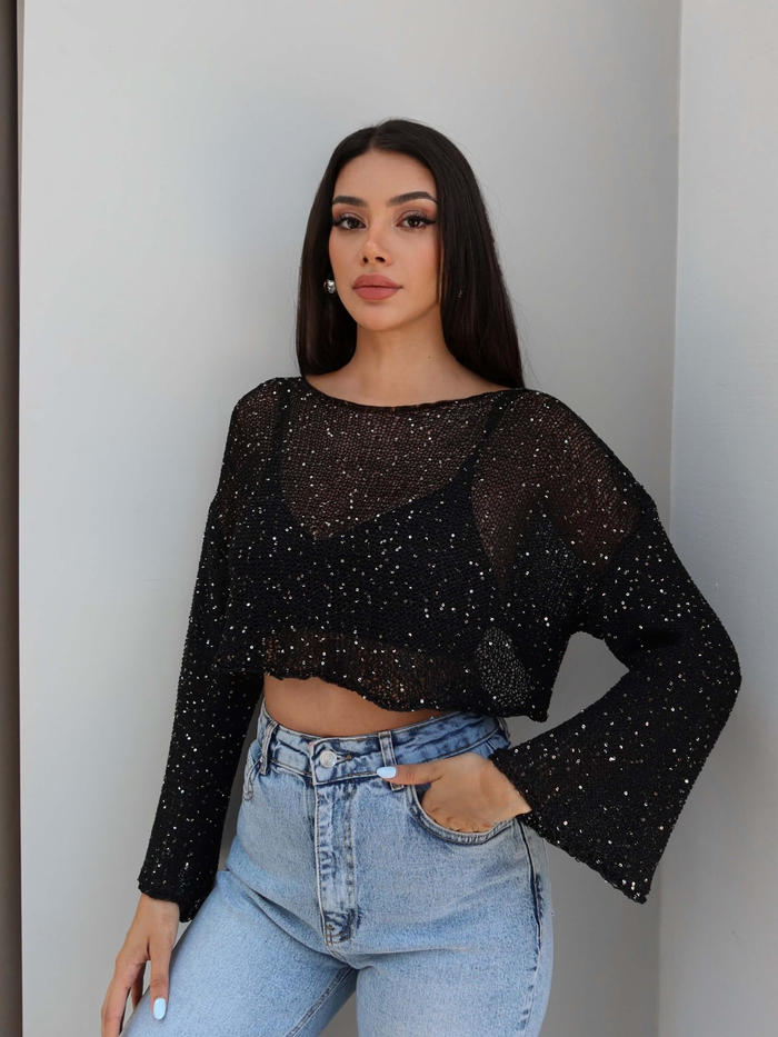 Parlak Taşlı Örme Crop