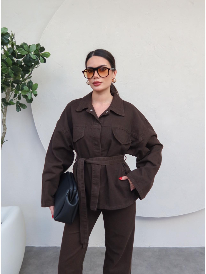 Patlı Yaka Denim Gömlek Pantolon Takımı